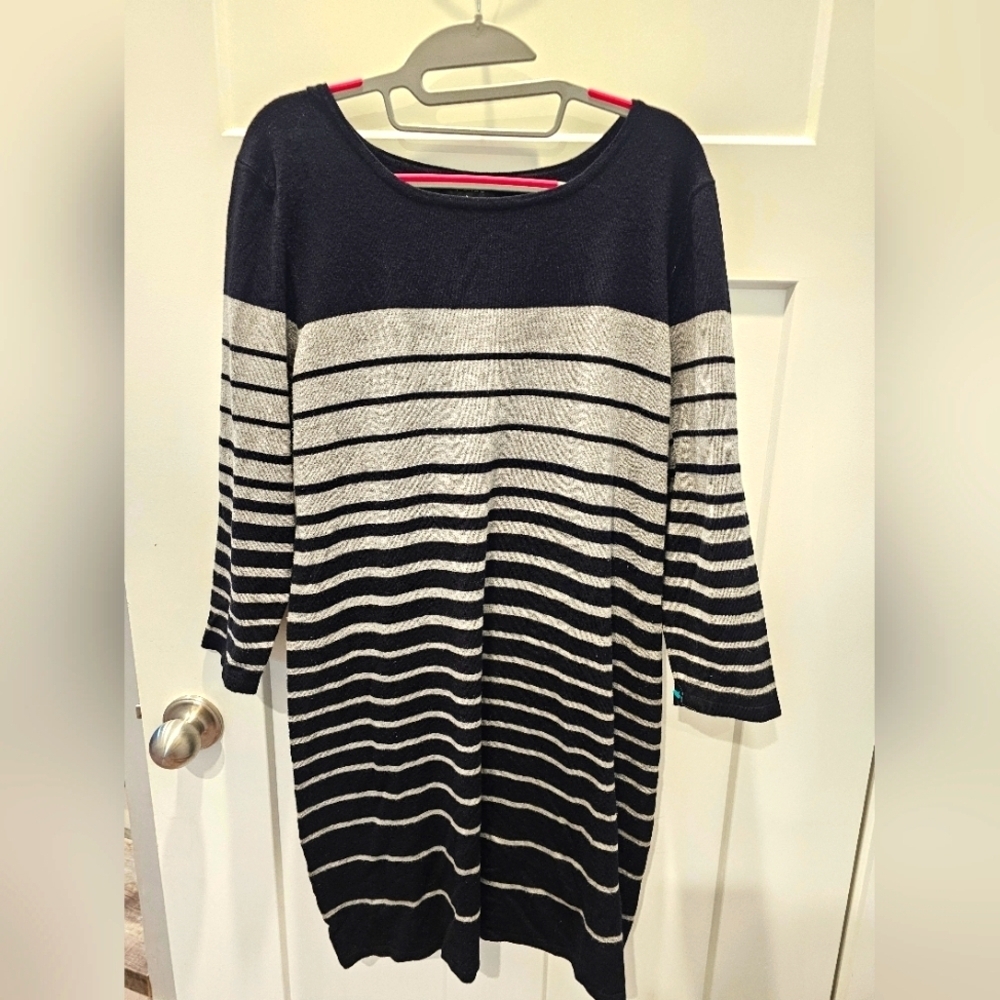 Spense Black Gray Striped Sweater Dress XL 3/4 Sleeve Knit 34"